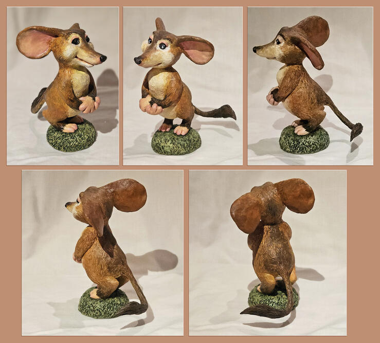 A collection of photos of a little field mouse sculpture. She looks motherly.