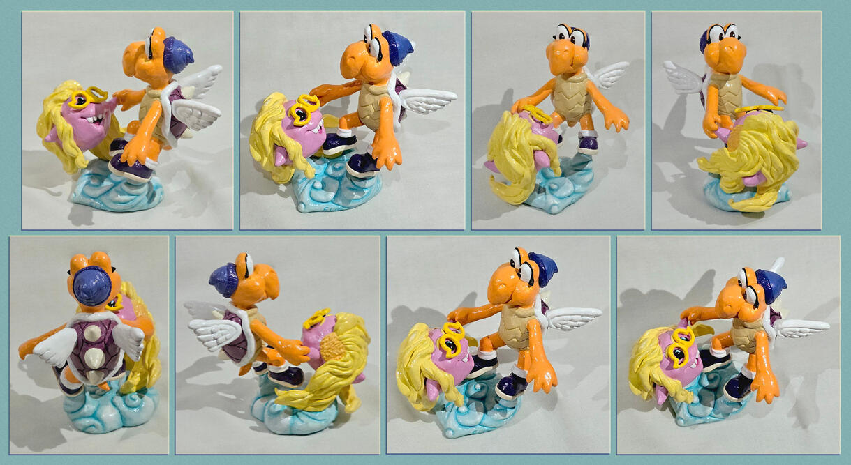 A variety of pictures of a sculpture of two characters based on Super Mario Bros enemies holding hands. One is a pink boo with blond hair and glasses, and the other is an orange koopa paratroopa with a purple shell and a blue beanie hat. They are on a ligh