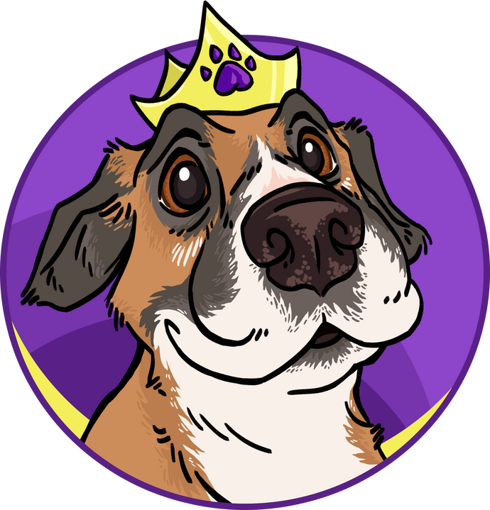 A logo of a brown/ black/ white dog's face, and he's wearing a crown with a purple paw print on it.