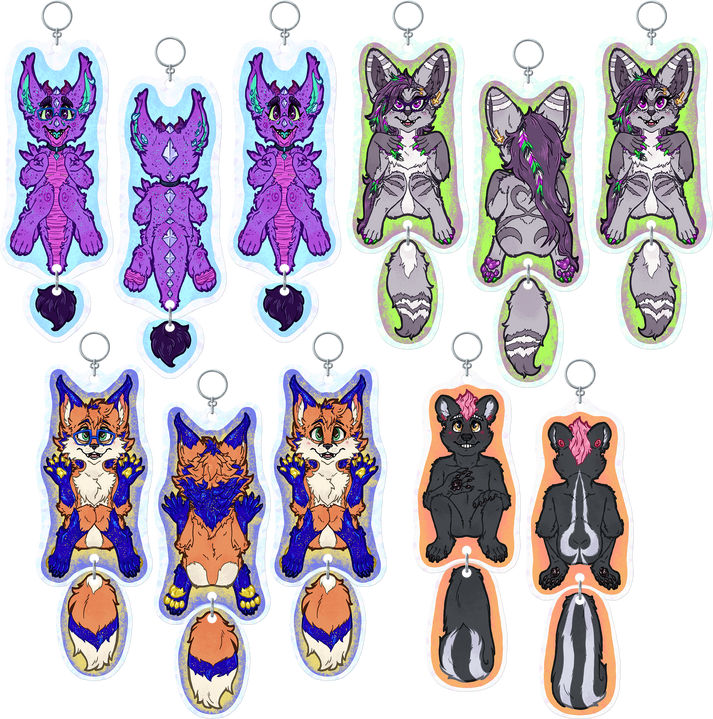 Mockups of several furry anthropomorphic characters as keychains.