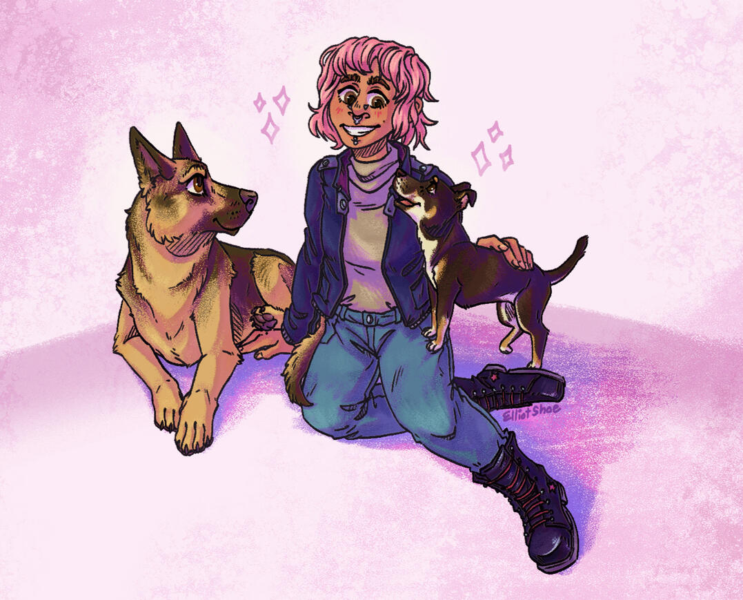 A drawing of a smiling person with pink hair, sitting down. They are surrounded by their two dogs, one large and one small. The background is a light pink.