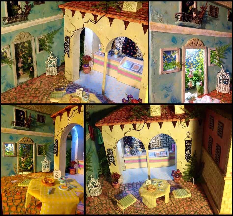 Mini Gelato Shop Night A collage of photos of miniature buildings, made to look like a small gelato street in Italy.