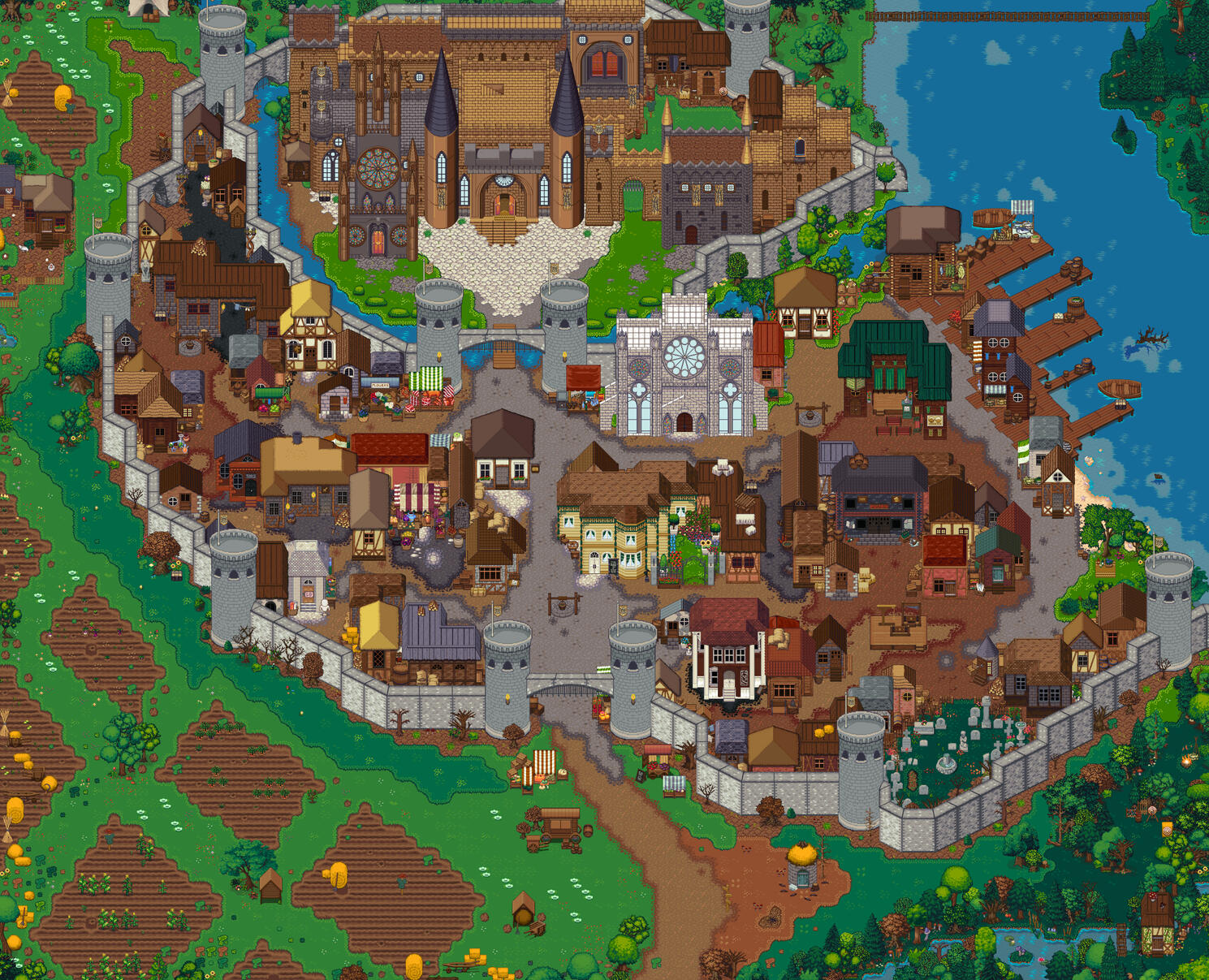 A map of a pixelated medieval city.