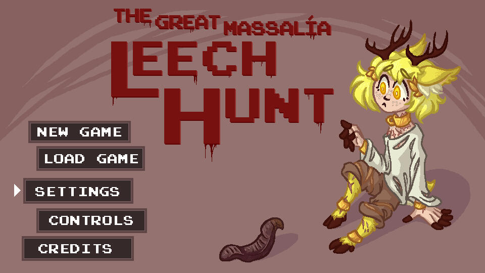 A static image of a title screen for a game called "The Great Massalía Leech Hunt". The is a character with deer features sitting with a leech in front of them.