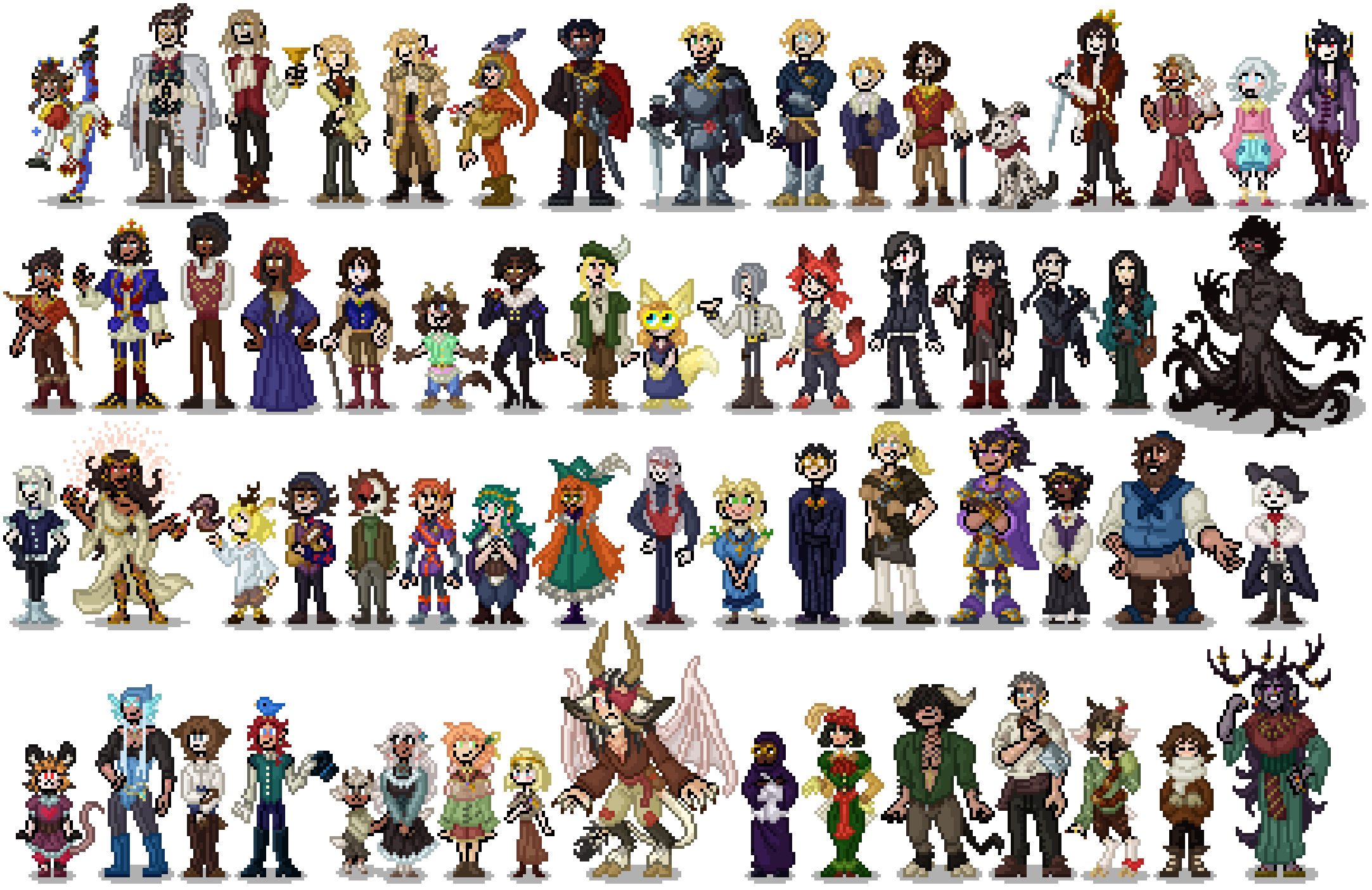 Four rows of many pixel art sprite characters. They are all in medieval and fantasy clothing, and there are some elves and monsters in the mix.
