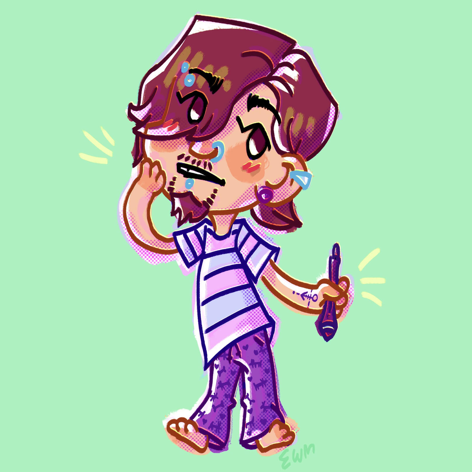 Me! A little cartoon of a man in pajamas holding a Cintiq pen. It is a self portrait of the artist.