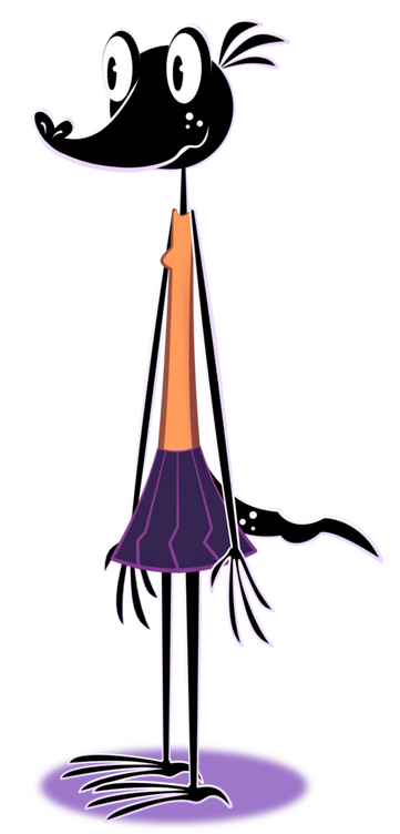 Larks A tall black cartoon lizard. She's wearing a purple skirt.
