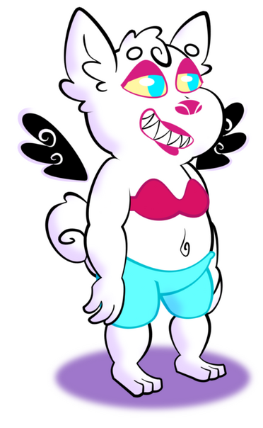 Cinth A short white cartoon bear with wings. She's wearing blue shorts and a pink bra.