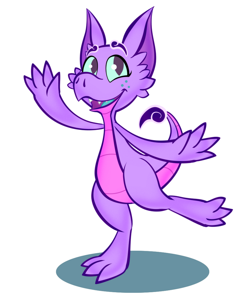 Doran A purple cartoon dragon. He is waving.